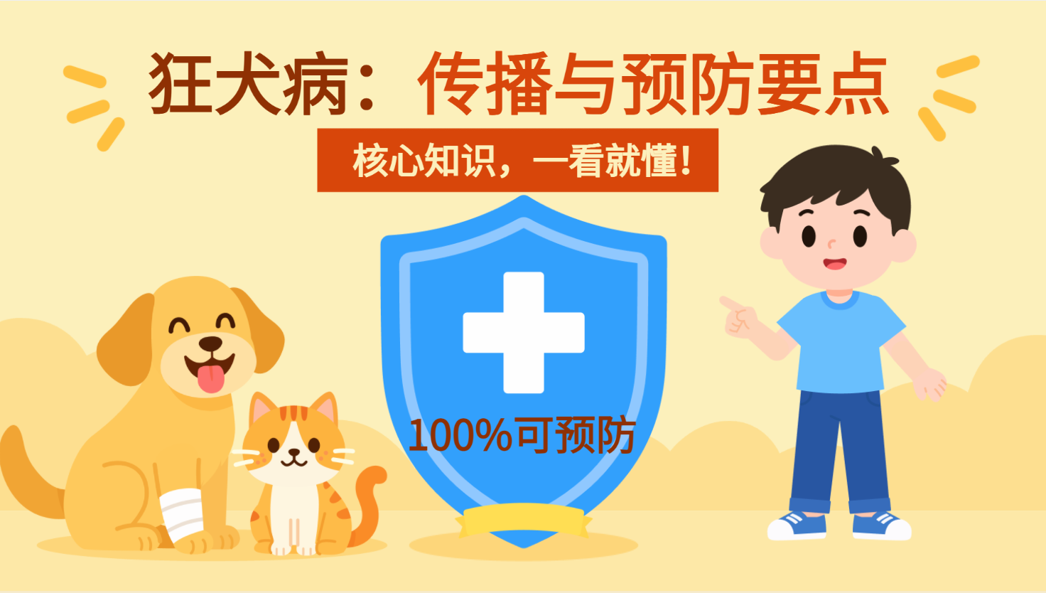 狂犬病传播与预防要点科普动画画面展示狗猫与100%可预防信息
