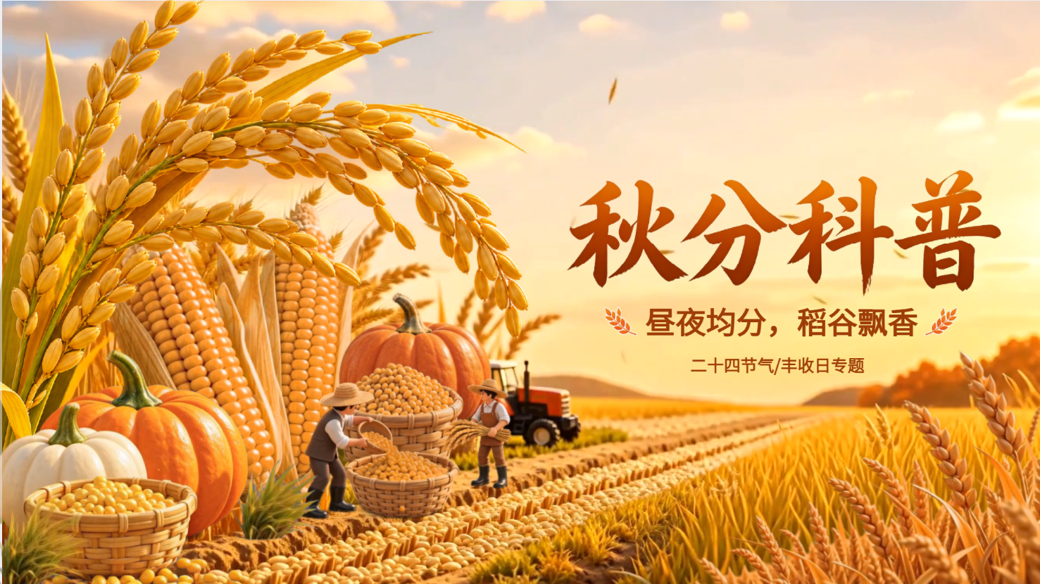 秋分科普MG动画成片:昼夜均分,稻谷飘香 秋分科普MG动画成片画面,展示昼夜均分、稻谷飘香与丰收主题